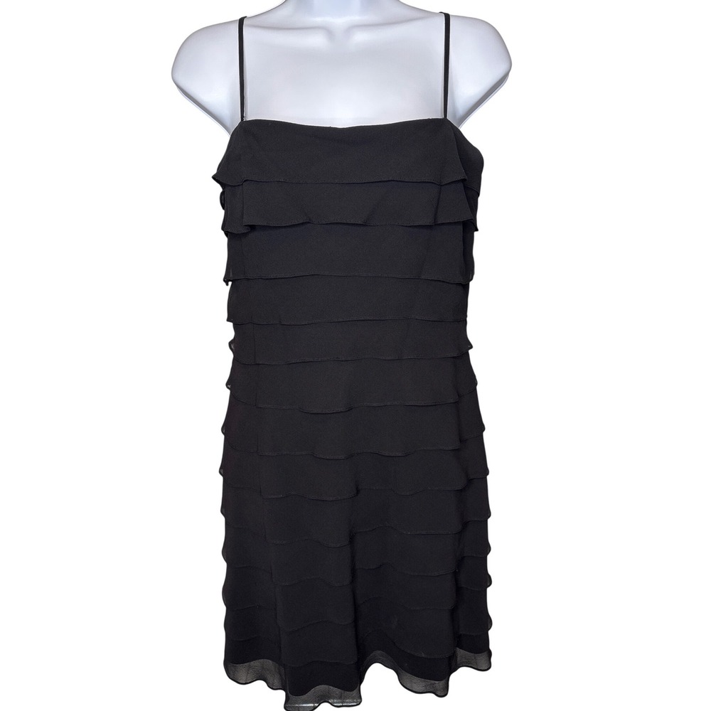 Tadashi Womens Black 100% Silk Tiered Ruffle Mini Dress Sz 8P Cocktail LBD Girly